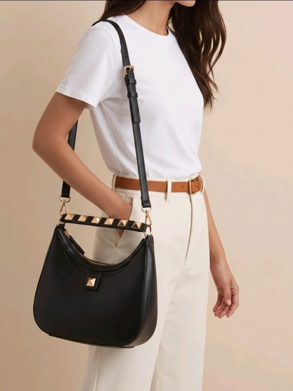 BCBGMaxAzria Black Leather Stud-Accent Shoulder Bag